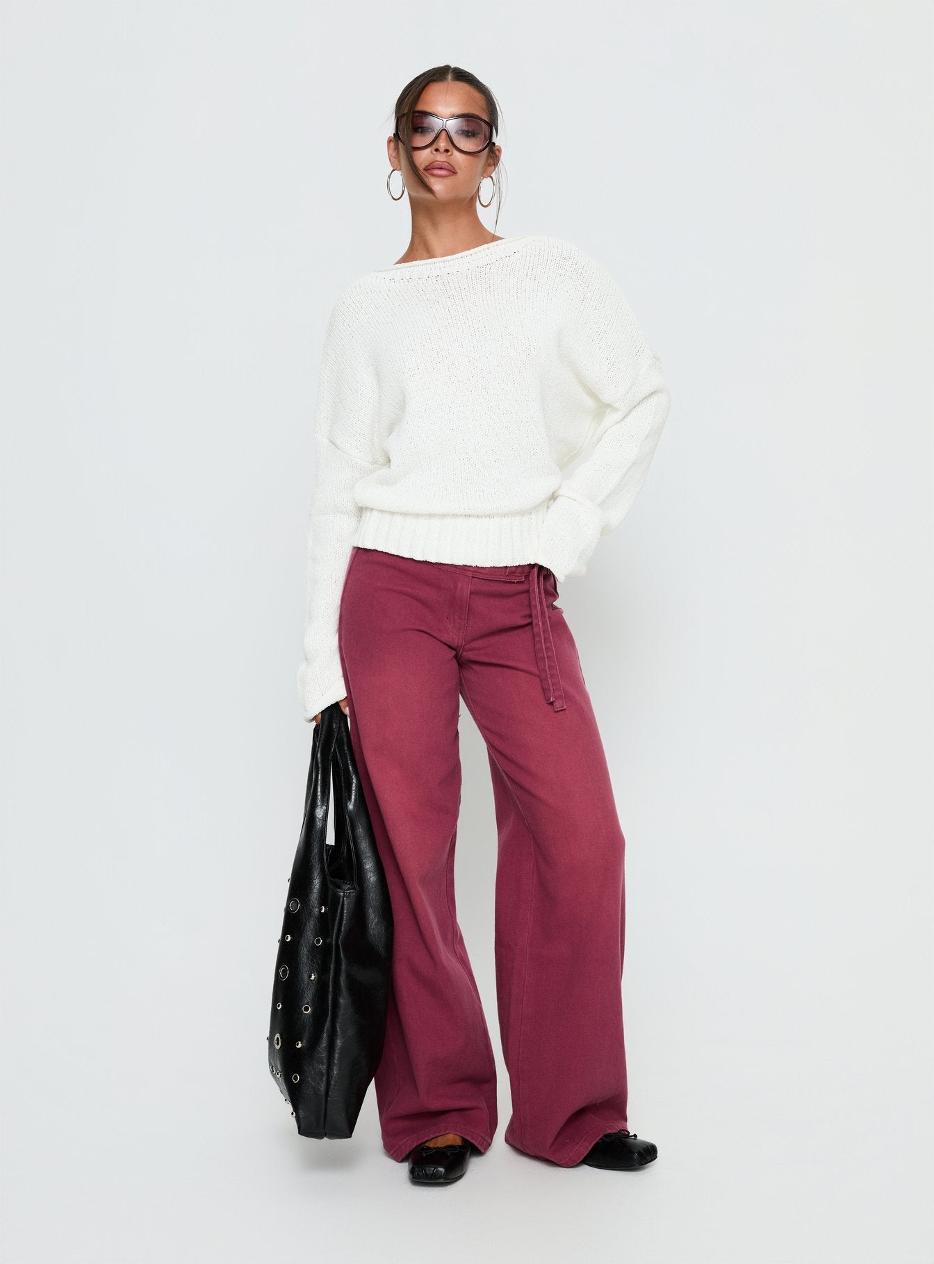 Reannon Wide Neck Knit Sweater White | Princess Polly