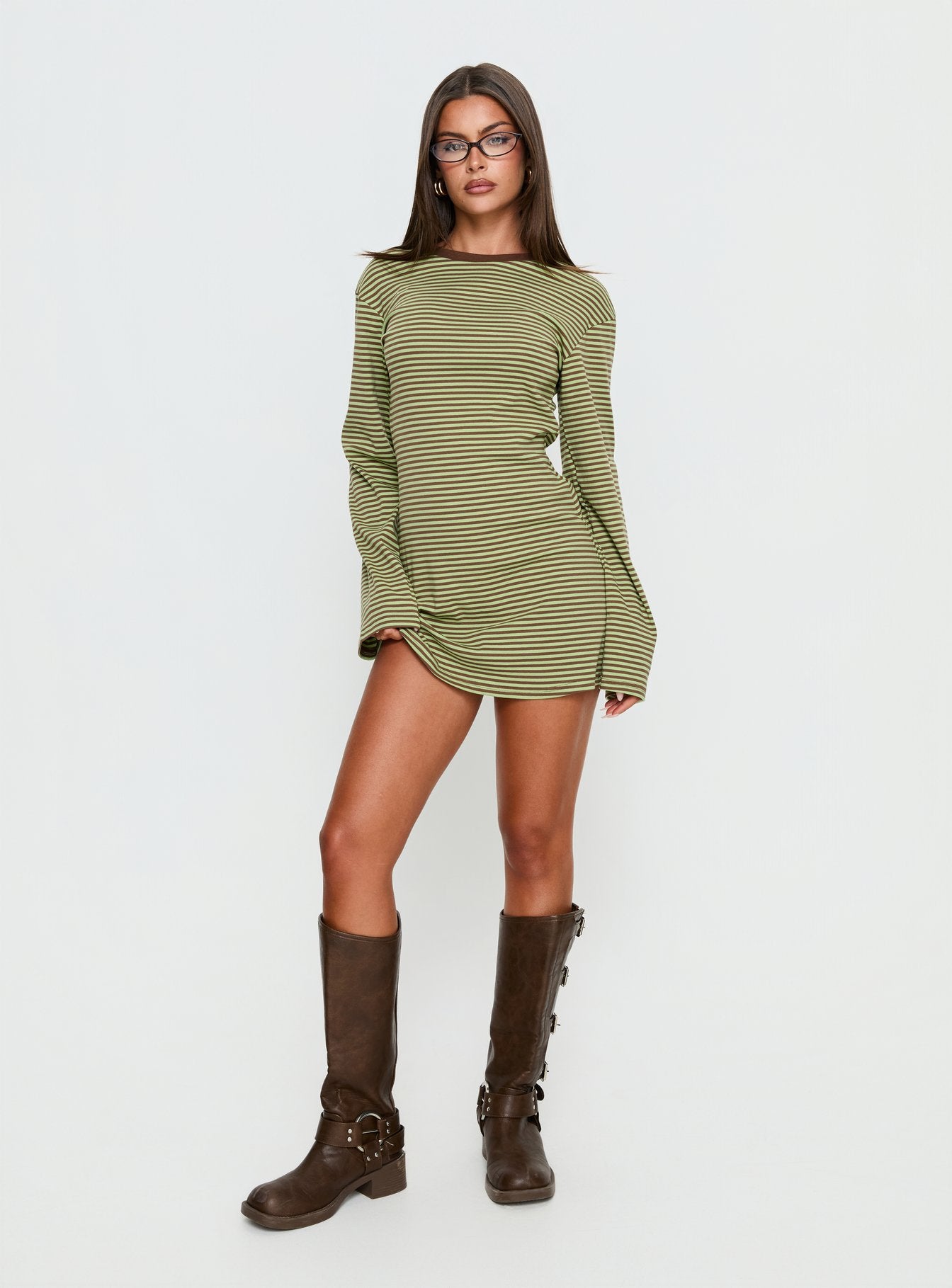 Lulolah Long Sleeve Mini Dress Green / Chocolate Stripe | Princess Polly Lulolah Long Sleeve Mini Dress Green / Chocolate Stripe | Princess Polly