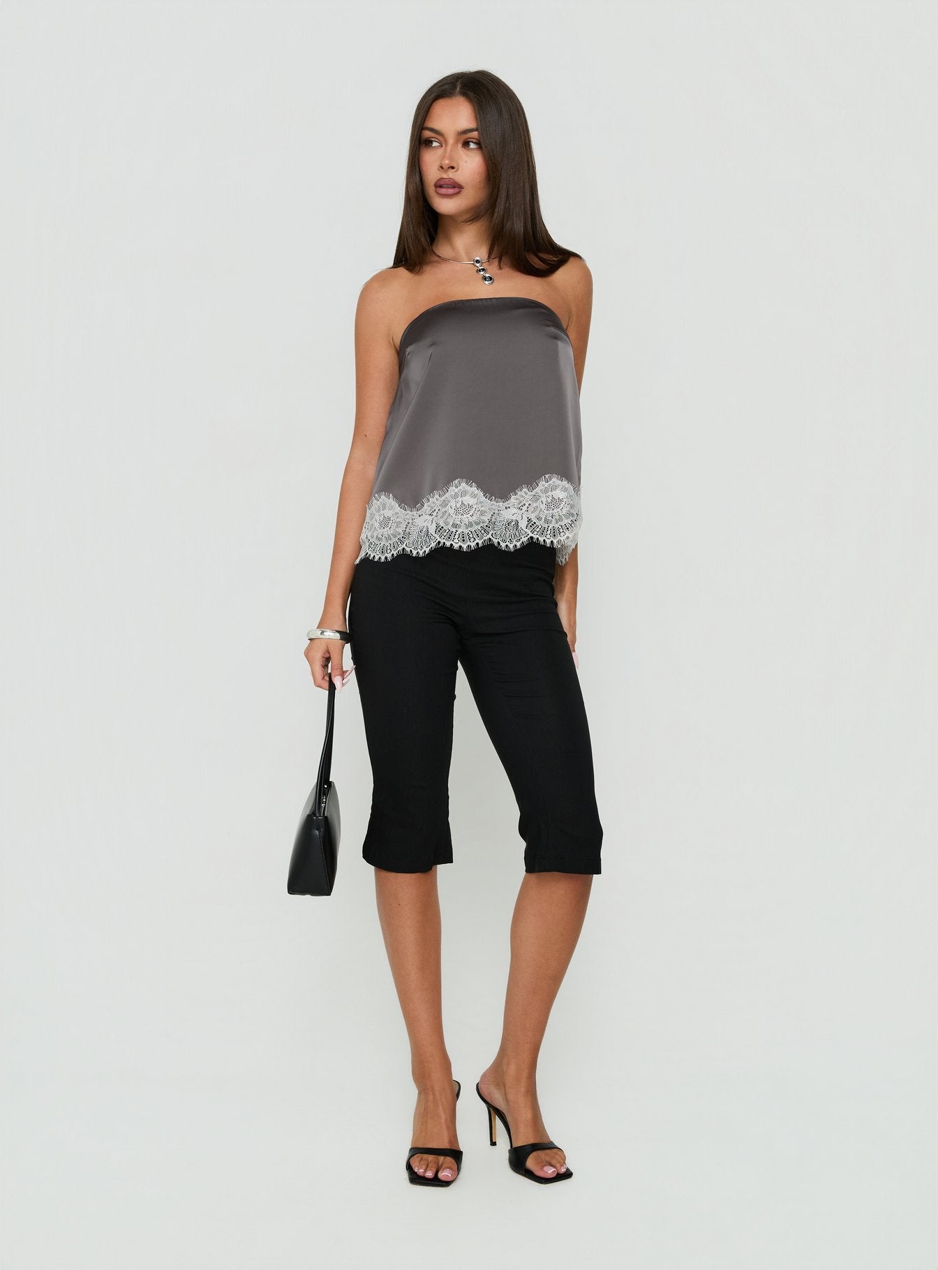 Sheyla Strapless Satin Lace Trim Top Grey / White