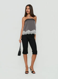 Sheyla Strapless Satin Lace Trim Top Grey / White
