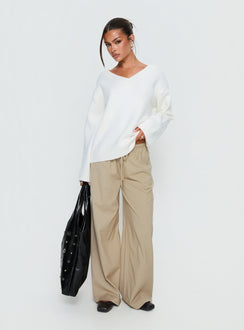 front view of model wearing Princess Polly Ketrina Tie Waist Pants Beige Plaid Mid Rise Pants 