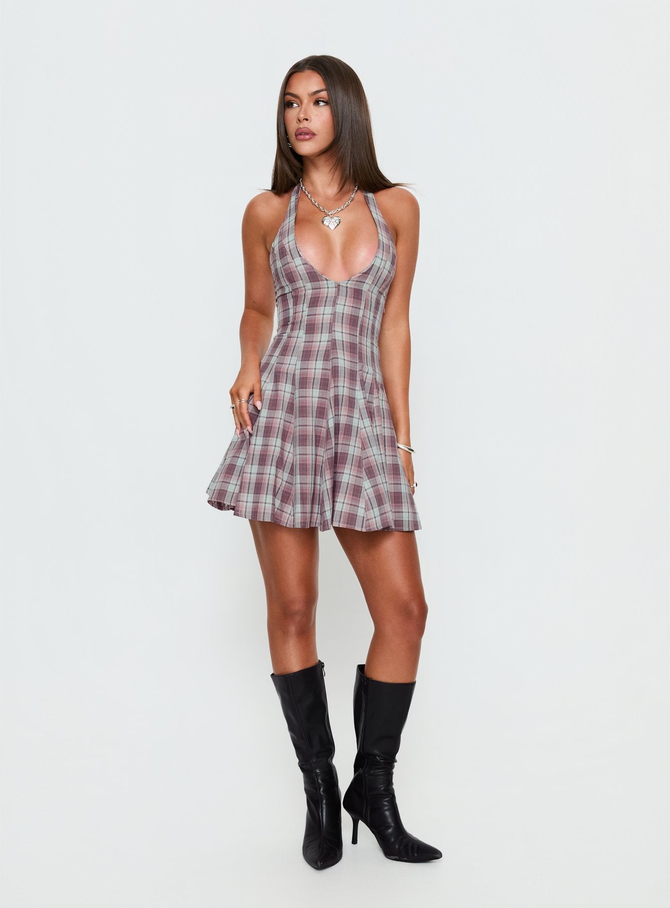 Out Of Nowhere Halter Mini Dress Burgundy / Pink Check | Princess