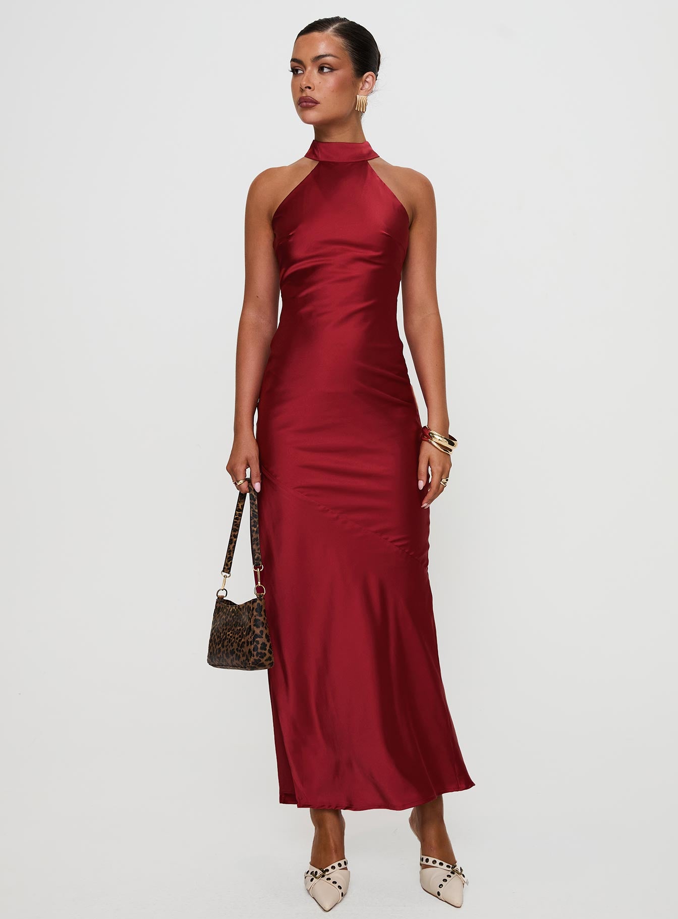 front view of model wearing Princess Polly Mordecai Halter Maxi Dress Burgundy High Neck 