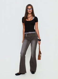 side view of model wearing Princess Polly Romea Low Waist Bootleg Jeans Dark Grey Low Rise Jeans 