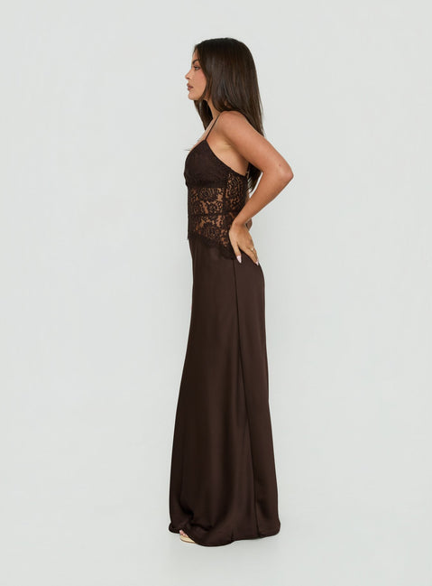 Kylenn Lace Panel Satin Maxi Dress Chocolate