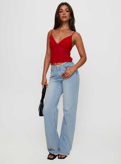 front view of model wearing Princess Polly Fast Times Top Red Sleeveless Plunger 