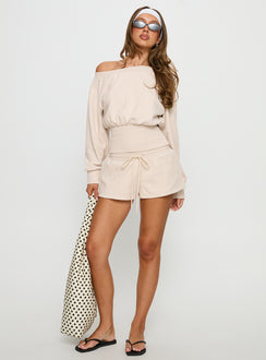 front view of model wearing Princess Polly Cassey Off Shoulder Slouchy Jumper Cream cropped 