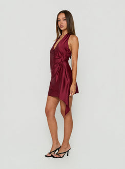 Landree Wrap Halter Satin Mini Dress Burgundy
