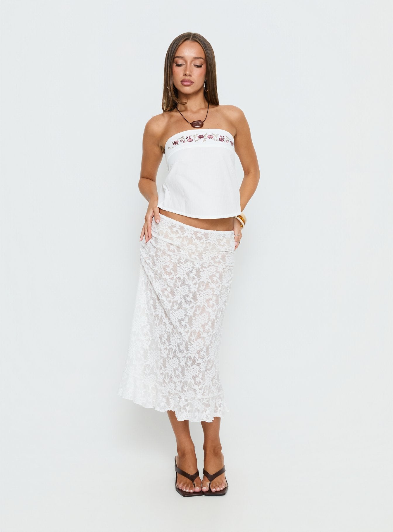 Ahera Floral Detail Strapless Top White