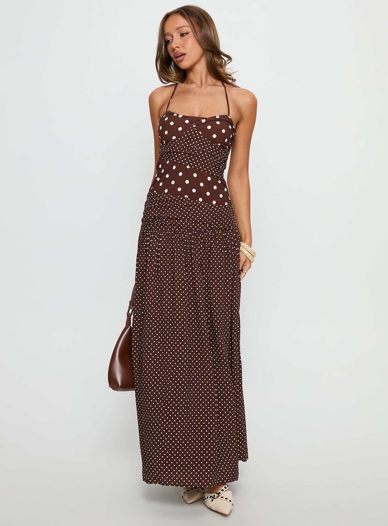 Marguerite Halter Maxi Dress | Brown Polka Dot | Womens | Princess Polly Lower Impact Marguerite Halter Maxi Dress | Brown Polka Dot | Womens | Princess Polly Lower Impact