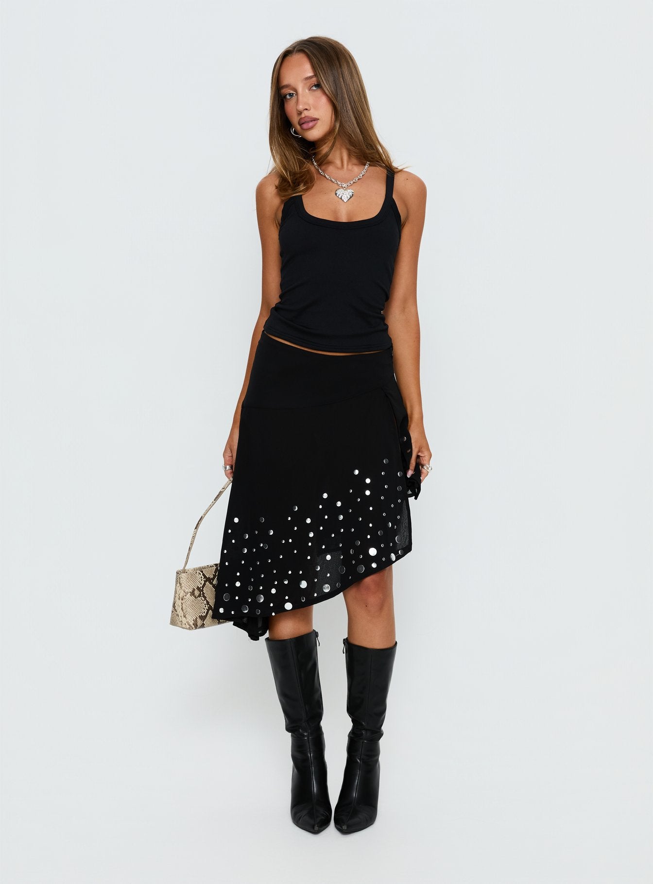 Jezabela Asymmetrical Stud Midi Skirt Black | Princess Polly