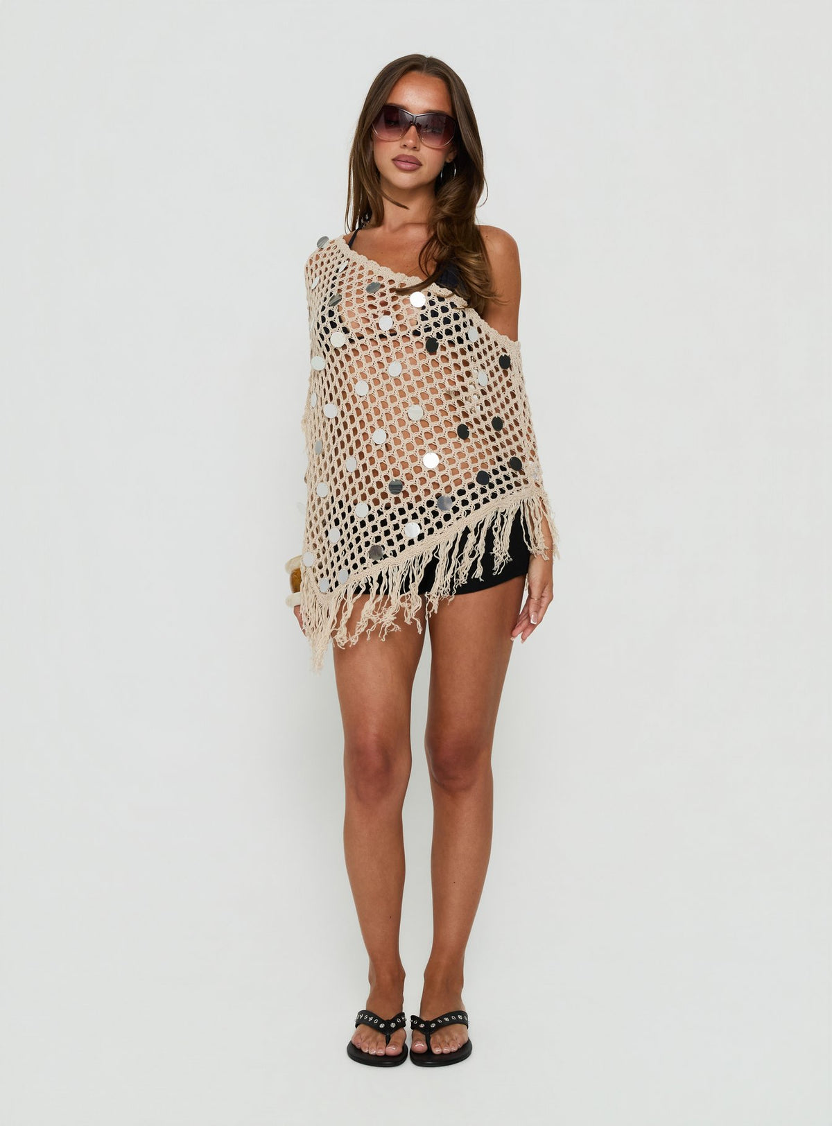 Caija Crochet Embellished Poncho Top Beige