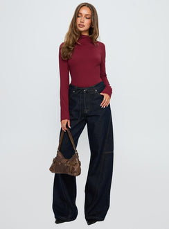 front view of model wearing Princess Polly Augustness Long Sleeve Bodysuit Burgundy Long Sleeve Tops 