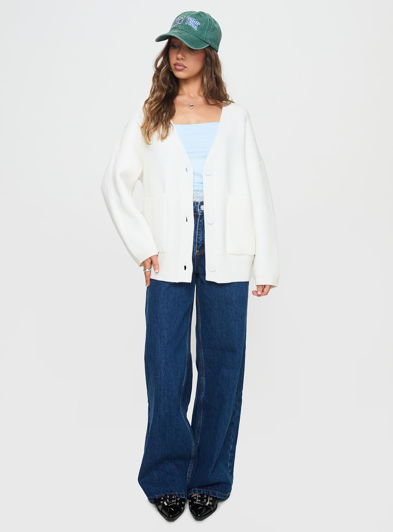 front view of model wearing Princess Polly Burke Cardigan White Long 