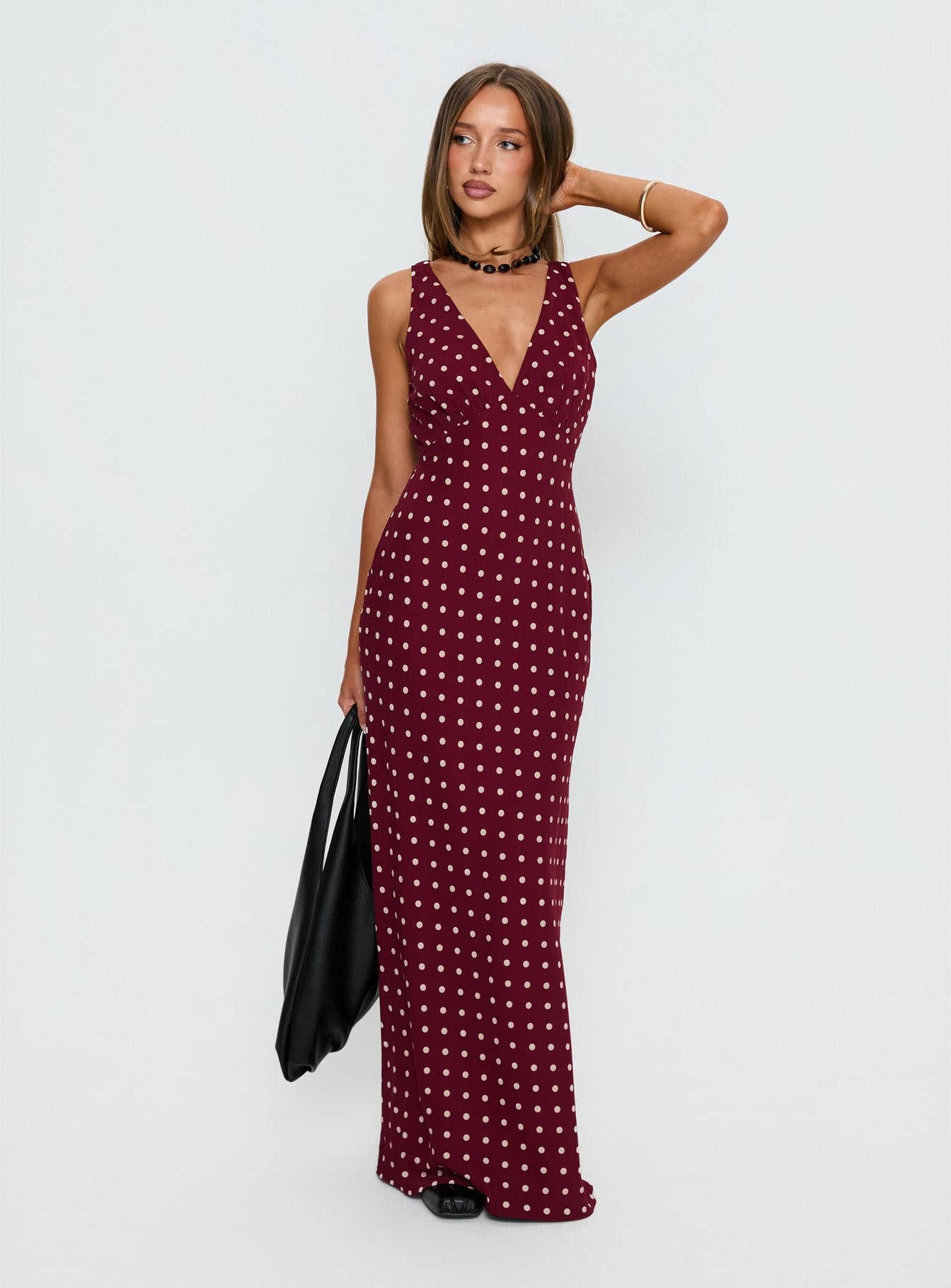 Nellie Maxi Dress Burgundy Polka Dot | Princess Polly Nellie Maxi Dress Burgundy Polka Dot | Princess Polly
