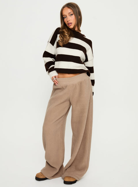front view of model wearing Princess Polly Siberia Fleece Track Pant Light Brown High Rise Pants 