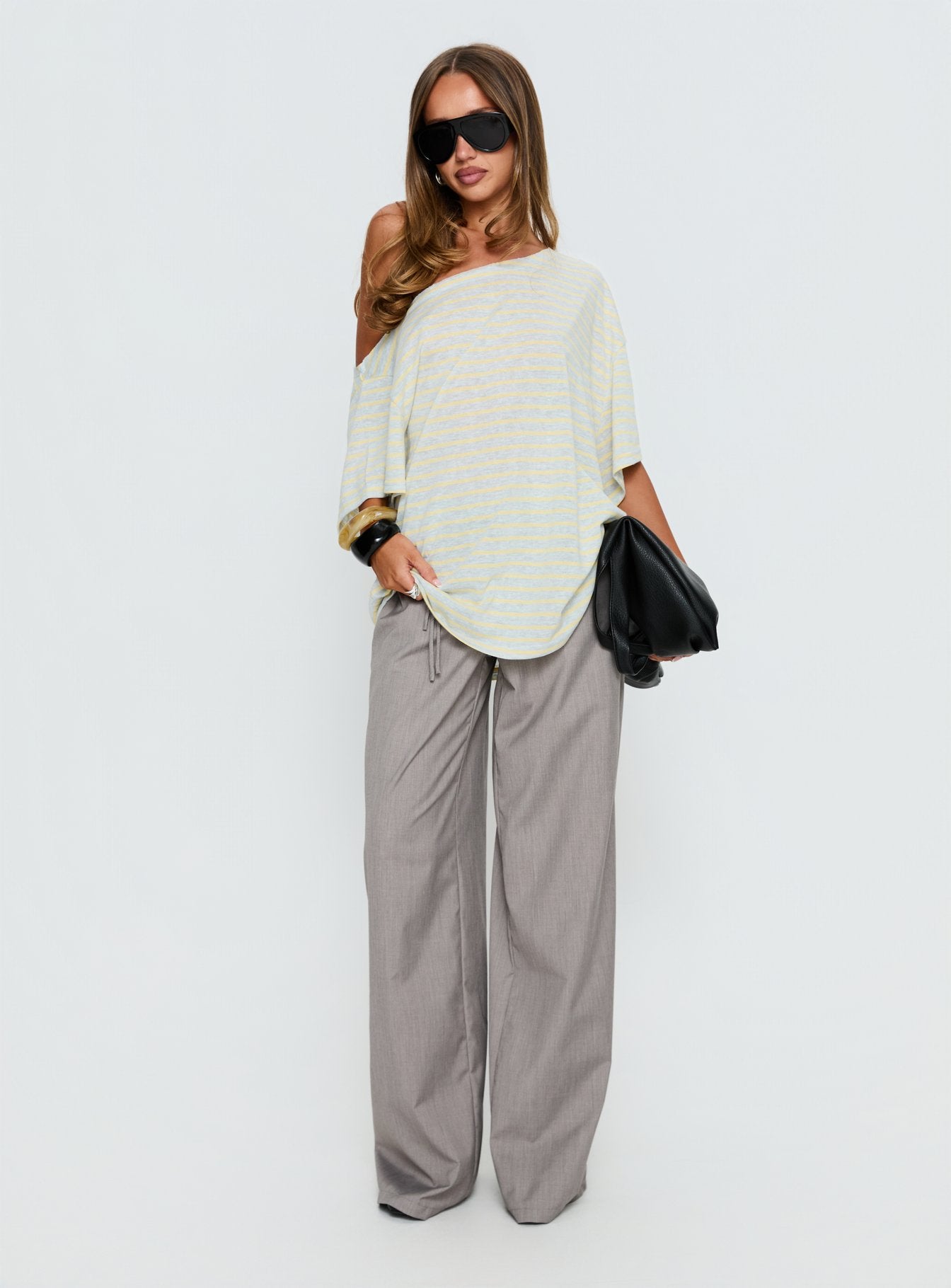 Winny Off Shoulder Tee Grey Marle / Lemon Stripe