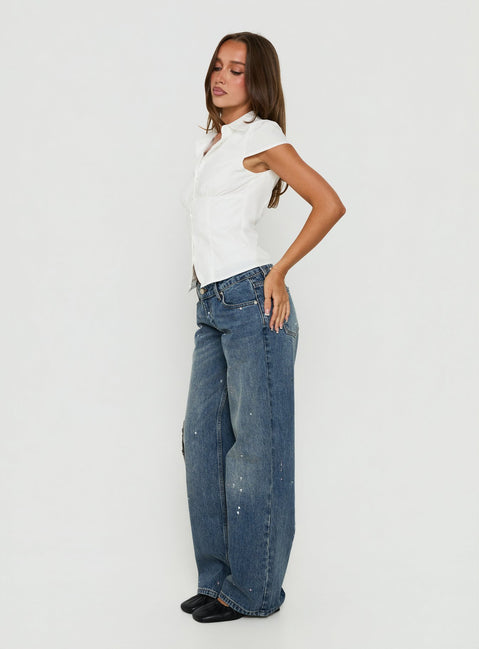 Designed with the Ellanor Low Rise Paint Straight Leg Jean Vintage Mid Blue in womens-jeans featuring low-rise waist side view of model wearing Princess Polly