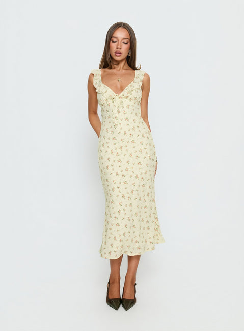 Leabelle Frill V Neck Maxi Dress | Yellow Floral | Womens