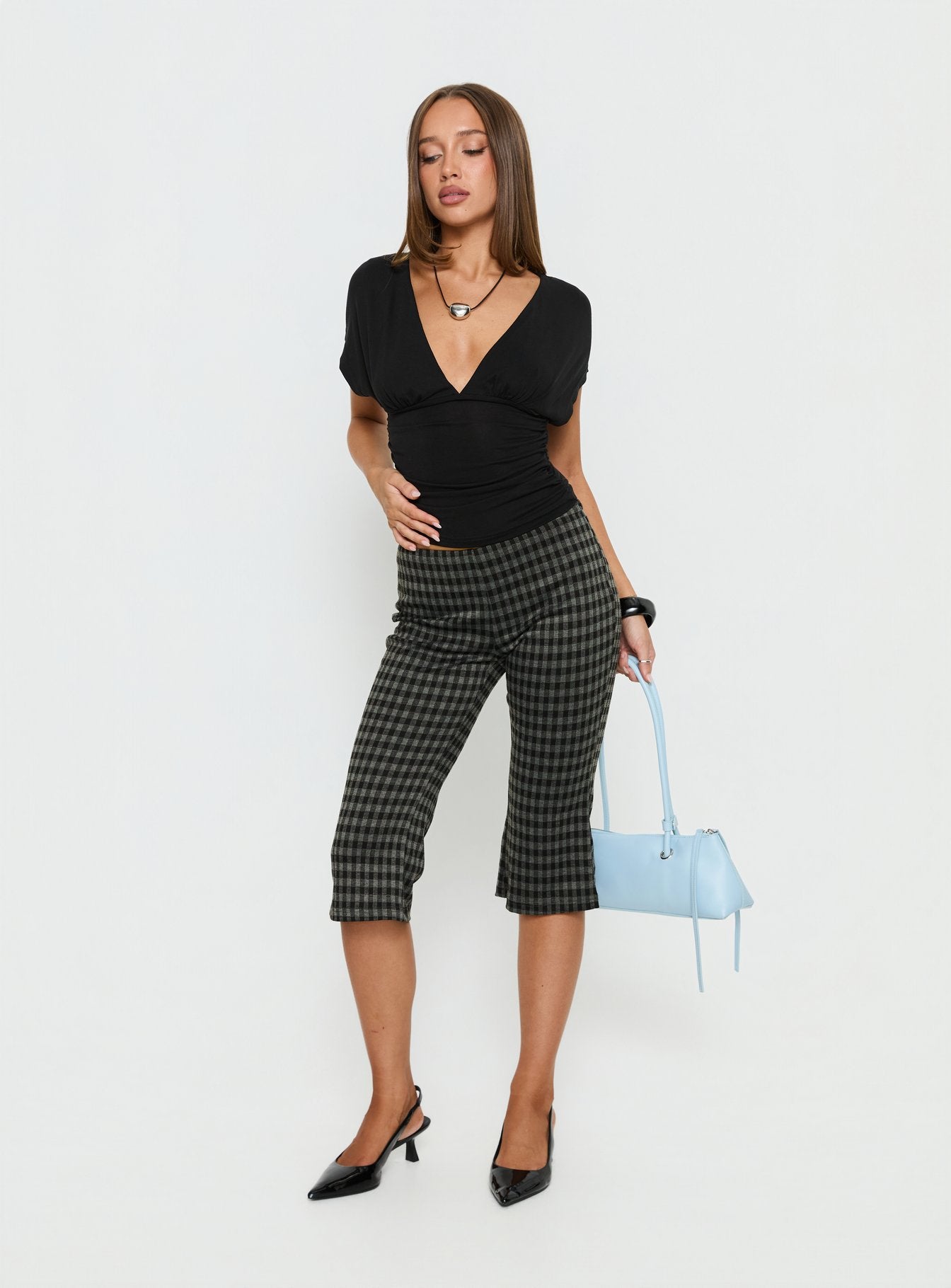 front view of model wearing Princess Polly Lights Are Off Capri Pants Multi Mid Rise Pants 