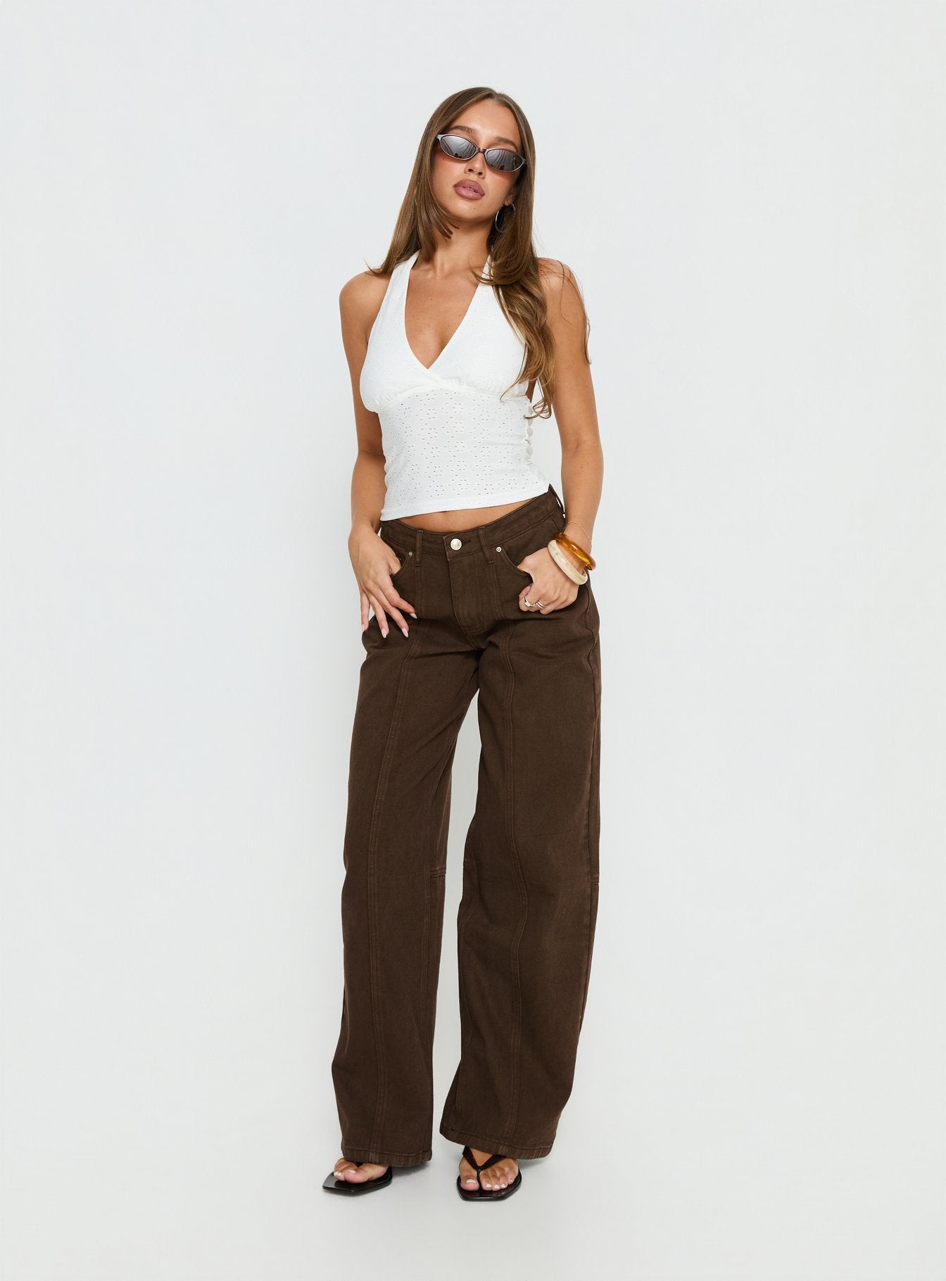 front view of model wearing Princess Polly Lando Low Rise Straight Leg Jeans Chocolate Mid Rise Jeans 