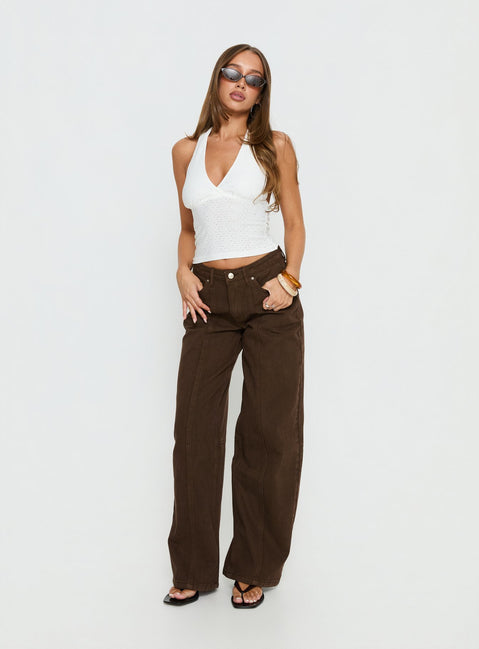 front view of model wearing Princess Polly Lando Low Rise Straight Leg Jeans Chocolate Mid Rise Jeans 