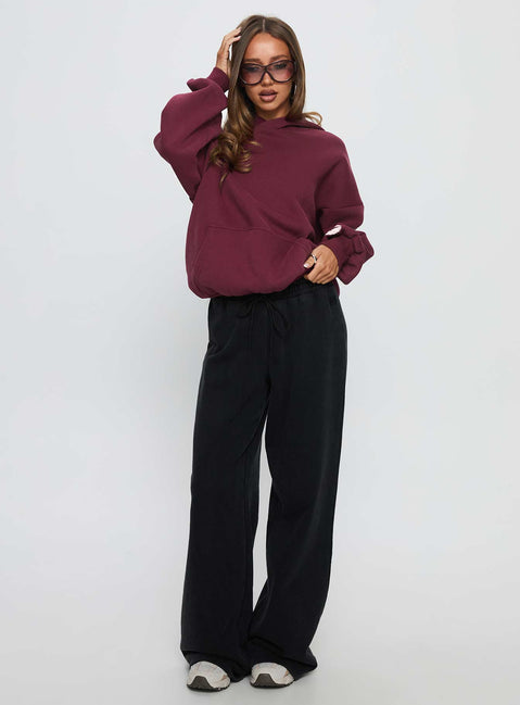 front view of model wearing Princess Polly Kisses Graphic Hoodie Wine Longline Jumpers 