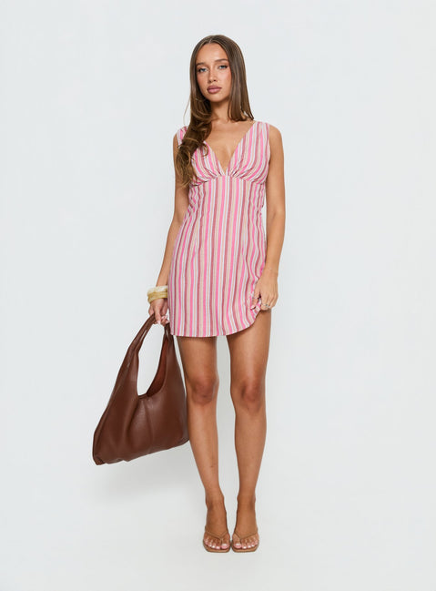 Daphney Plunge Mini Dress Pink Stripe | Princess Polly