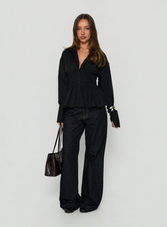 As You Are Shirred Button Up Top Black