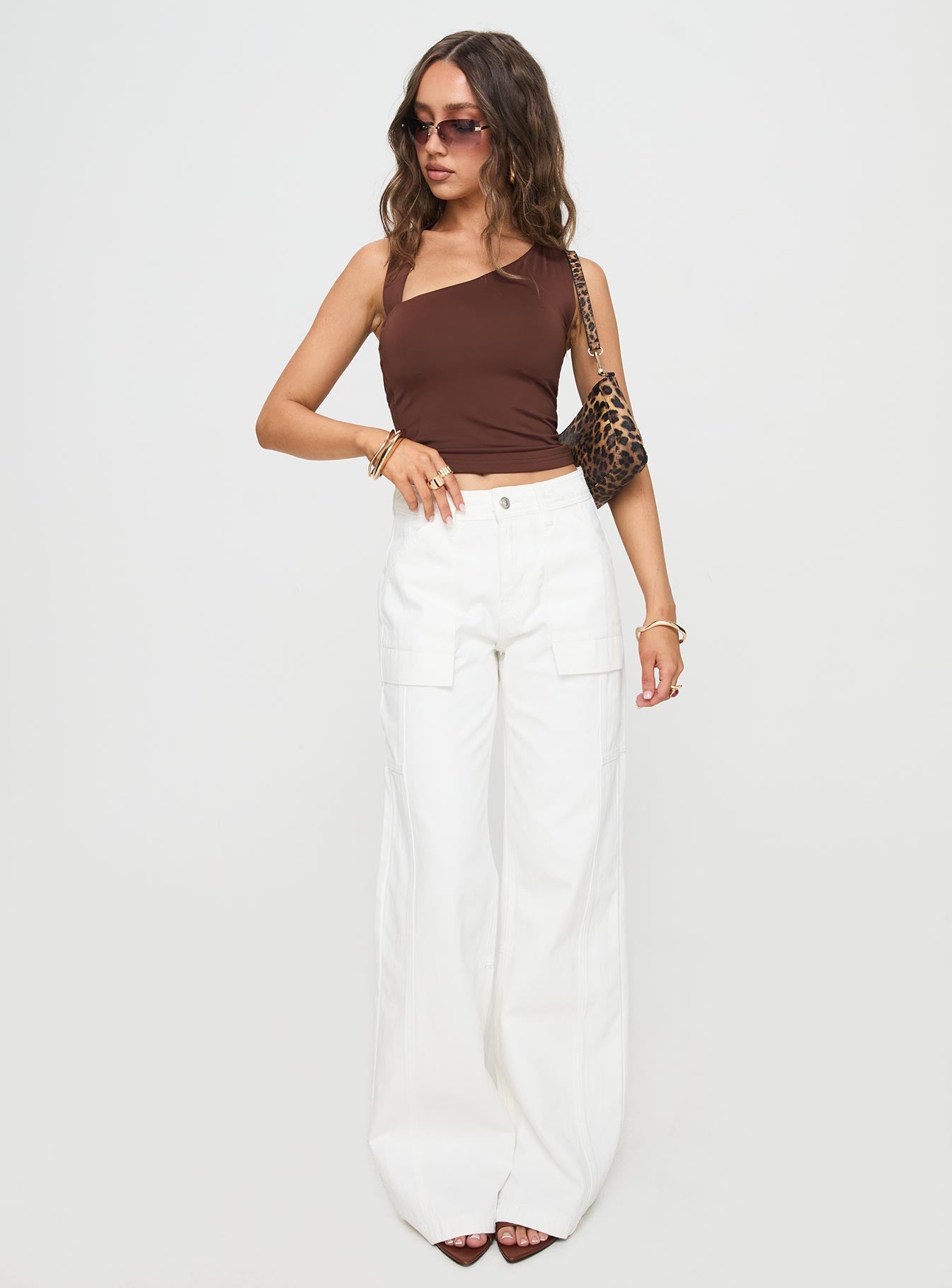 front view of model wearing Princess Polly Chad Cargo Jeans White Denim High Waisted 