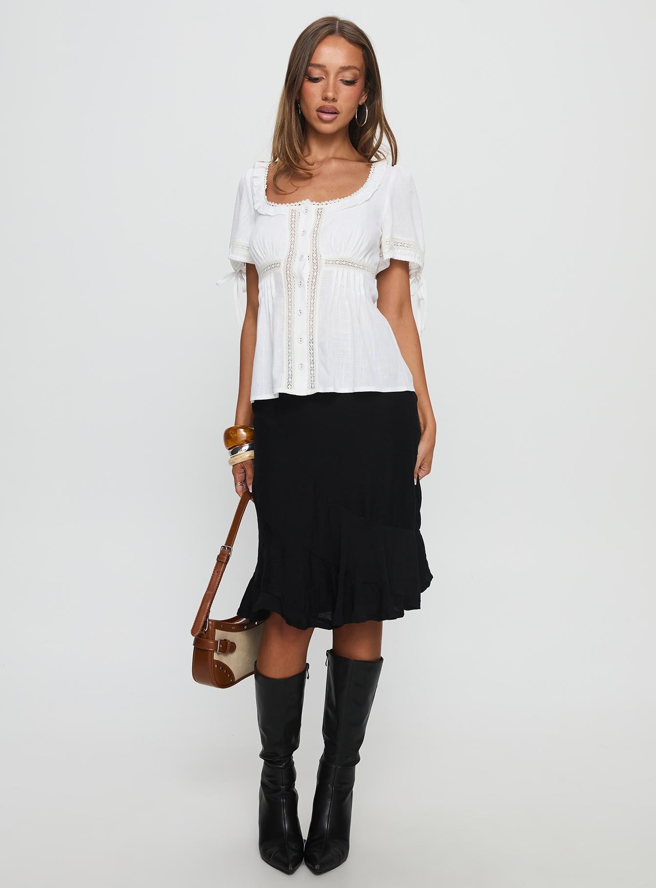 Indianah Pleat Lace Panel Blouse Top White