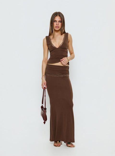   side view of model wearing Princess Polly Zespri Jersey Maxi Skirt Brown Maxi Skirts 