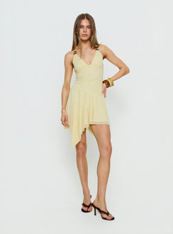 Rush Beaded Asymmetrical Halter Mini Dress Yellow