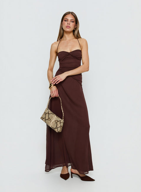 Kaemila Halter Chiffon Maxi Dress / Brown