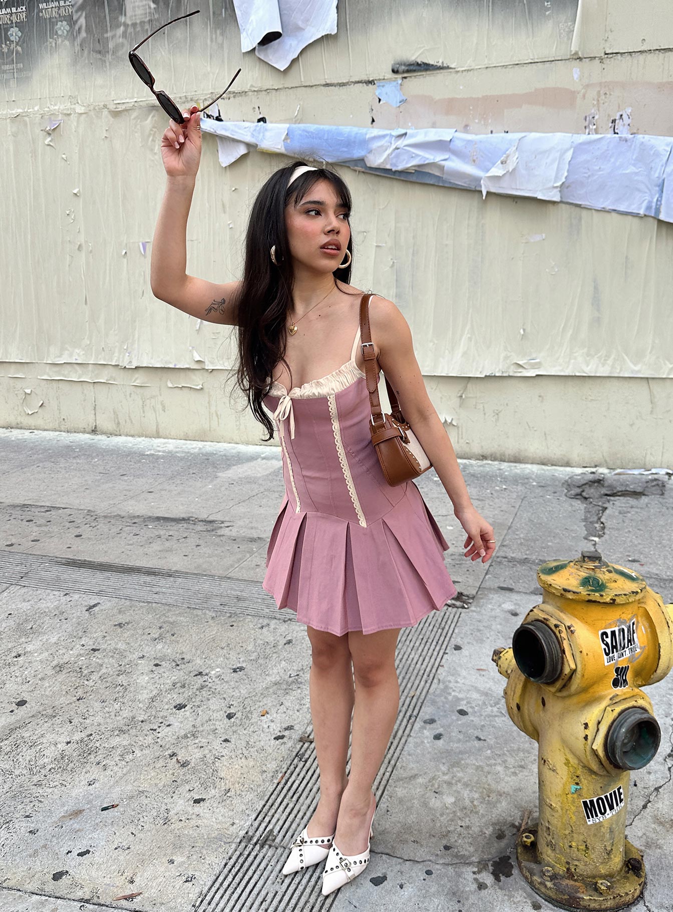 front view of model wearing Princess Polly Shirina Mini Dress Dusty Pink Square Neck 