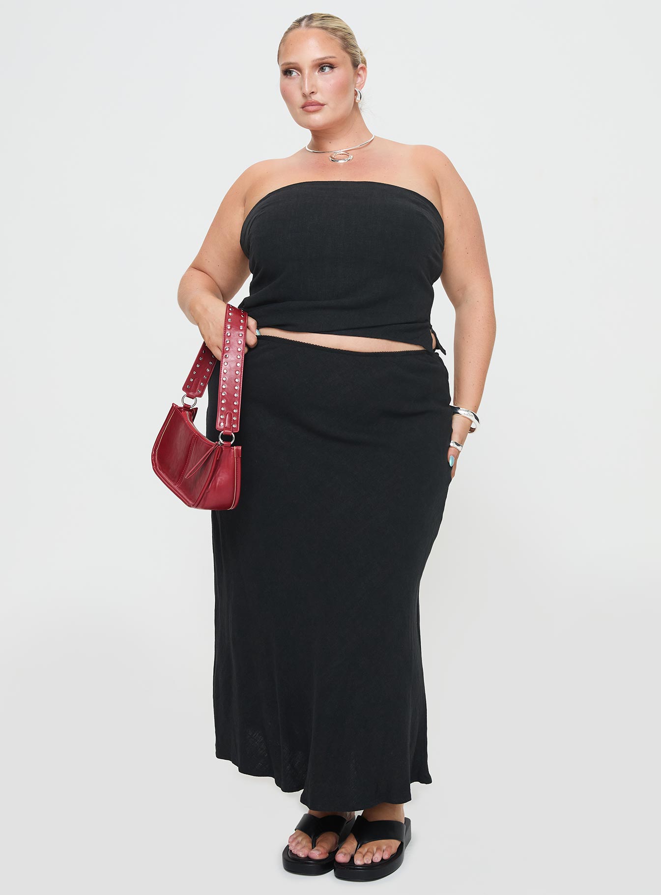 front view of model wearing Princess Polly Birdie Asymmetric Linen Blend Top Black Curve Sleeveless straight 