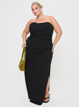 Strapless black maxi dress Inner silicone strip at bust, sweetheart cowl neckline, invisible zip fastening at back, leg slit