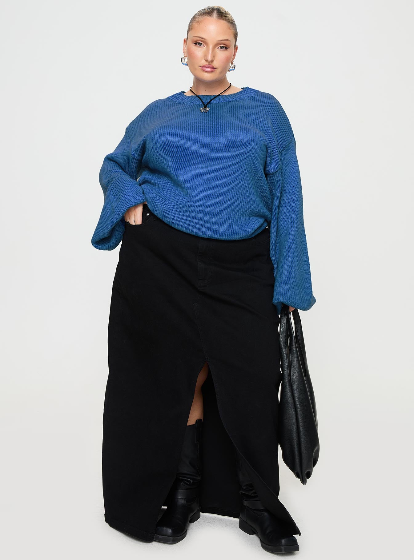 Harmony Balloon Sleeve Knit Sweater Blue Curve