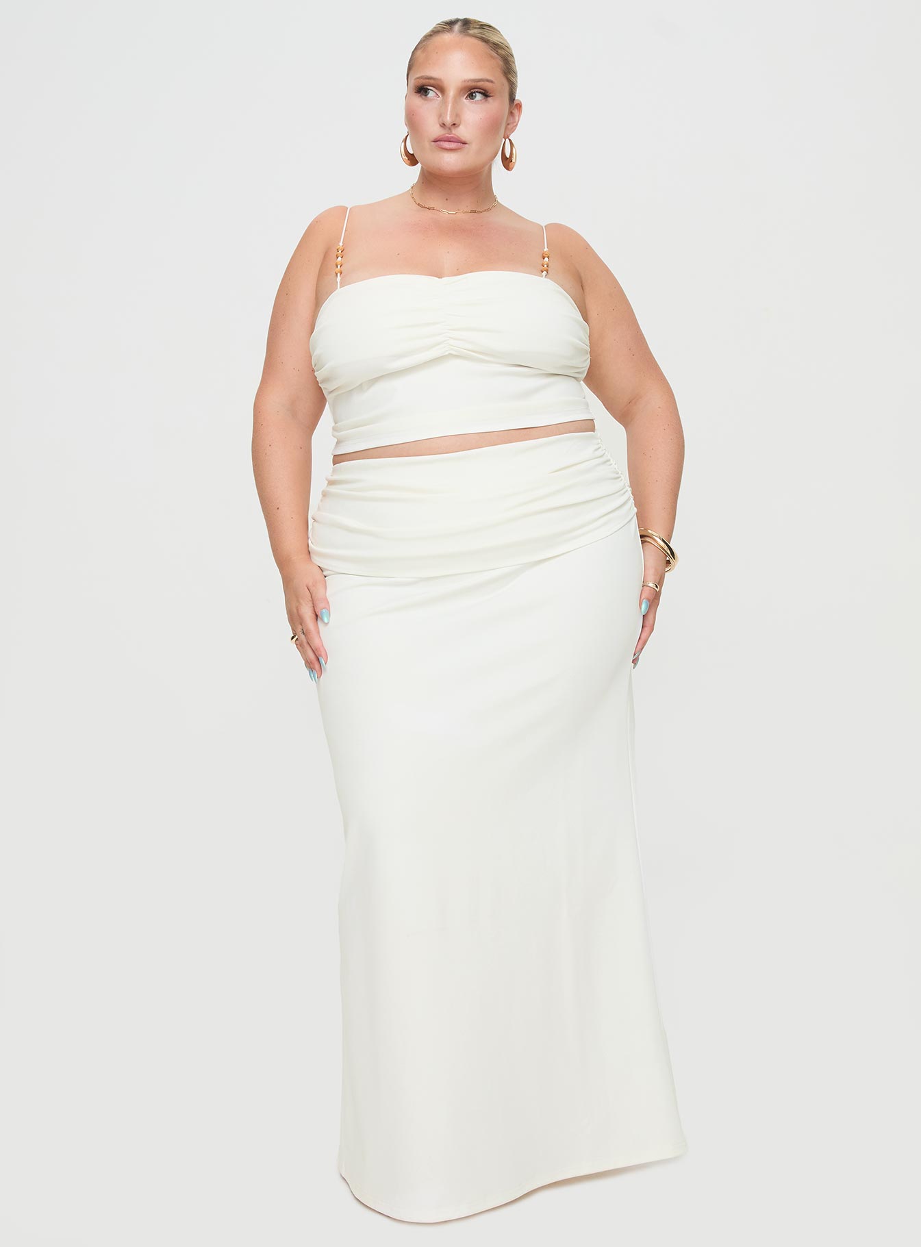 Cream two piece set Crop top,&nbsp;elasticated shoulder straps, pinched bust, beaded detail