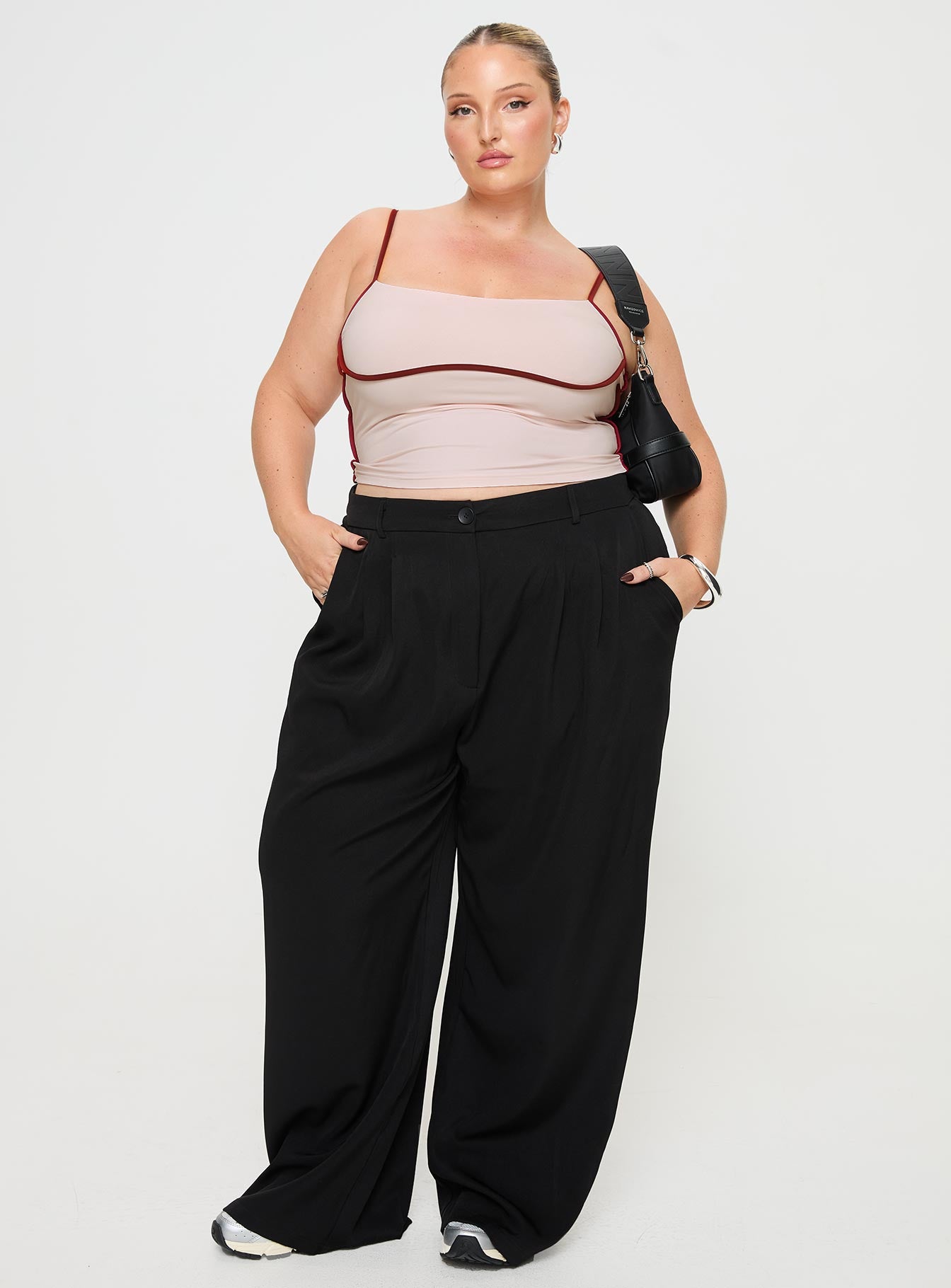 front view of model wearing Princess Polly Maidenwell Contrast Top Pink Curve Sleeveless Square Neck 