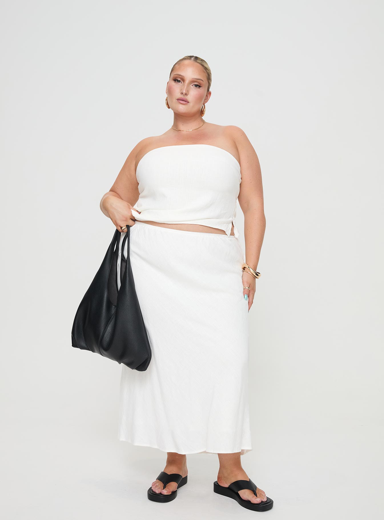   front view of model wearing Princess Polly Ermias Linen Blend Midi Skirt White Curve Maxi 