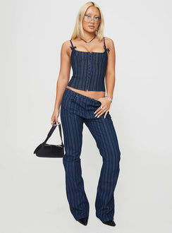 front view of model wearing Princess Polly Charismatic Denim Corset Dark Pinstripe Sleeveless Square Neck 