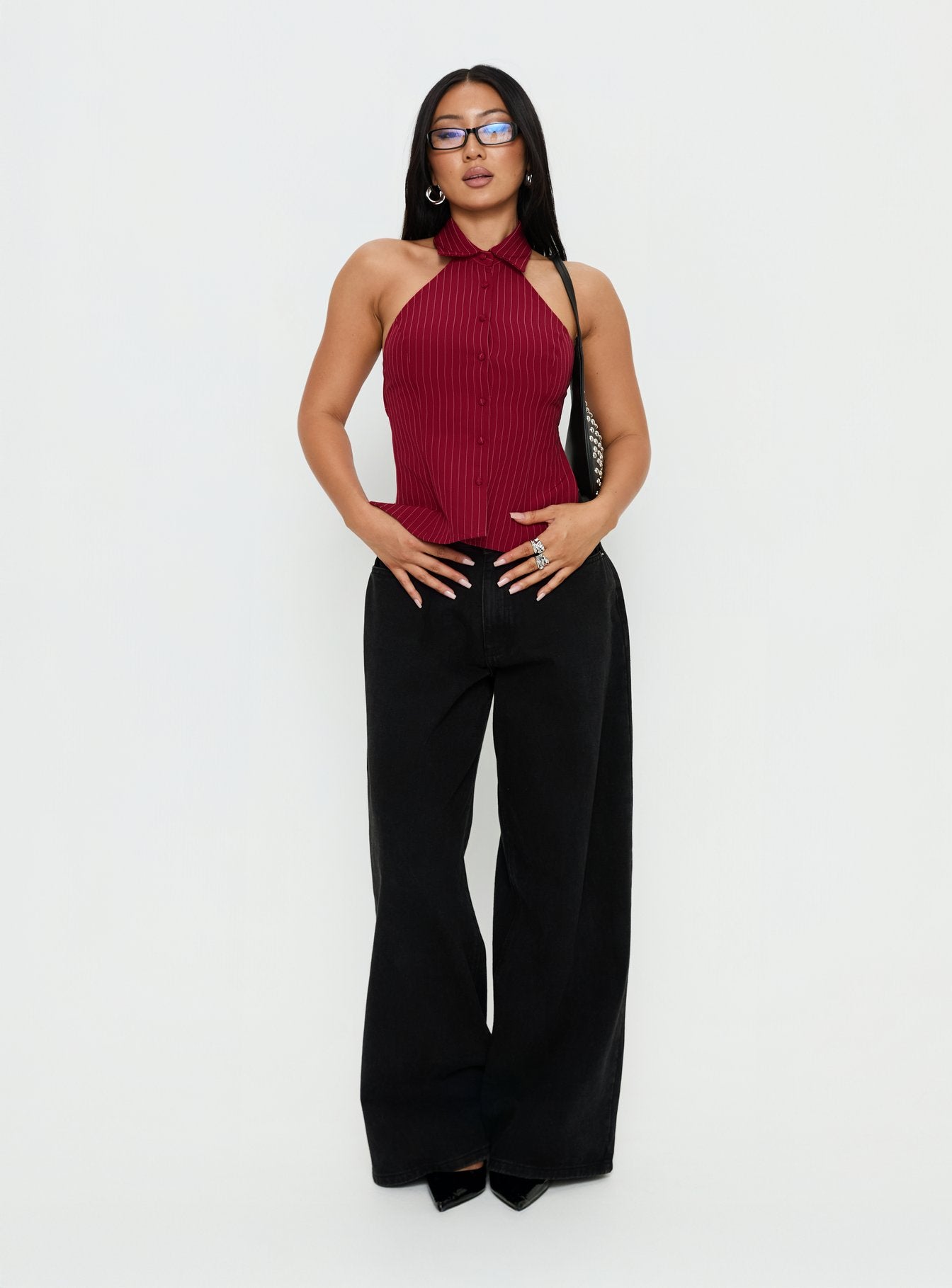Roanne Backless Collared Top Red Stripe