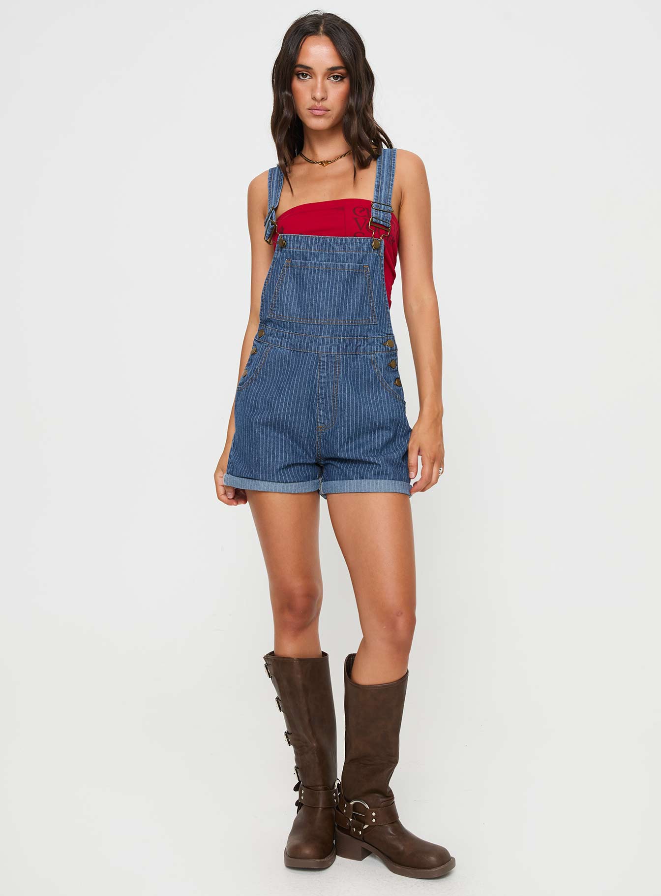 Kacey Short Overalls Mid Blue Pinstripe | Princess Polly Kacey Short Overalls Mid Blue Pinstripe | Princess Polly