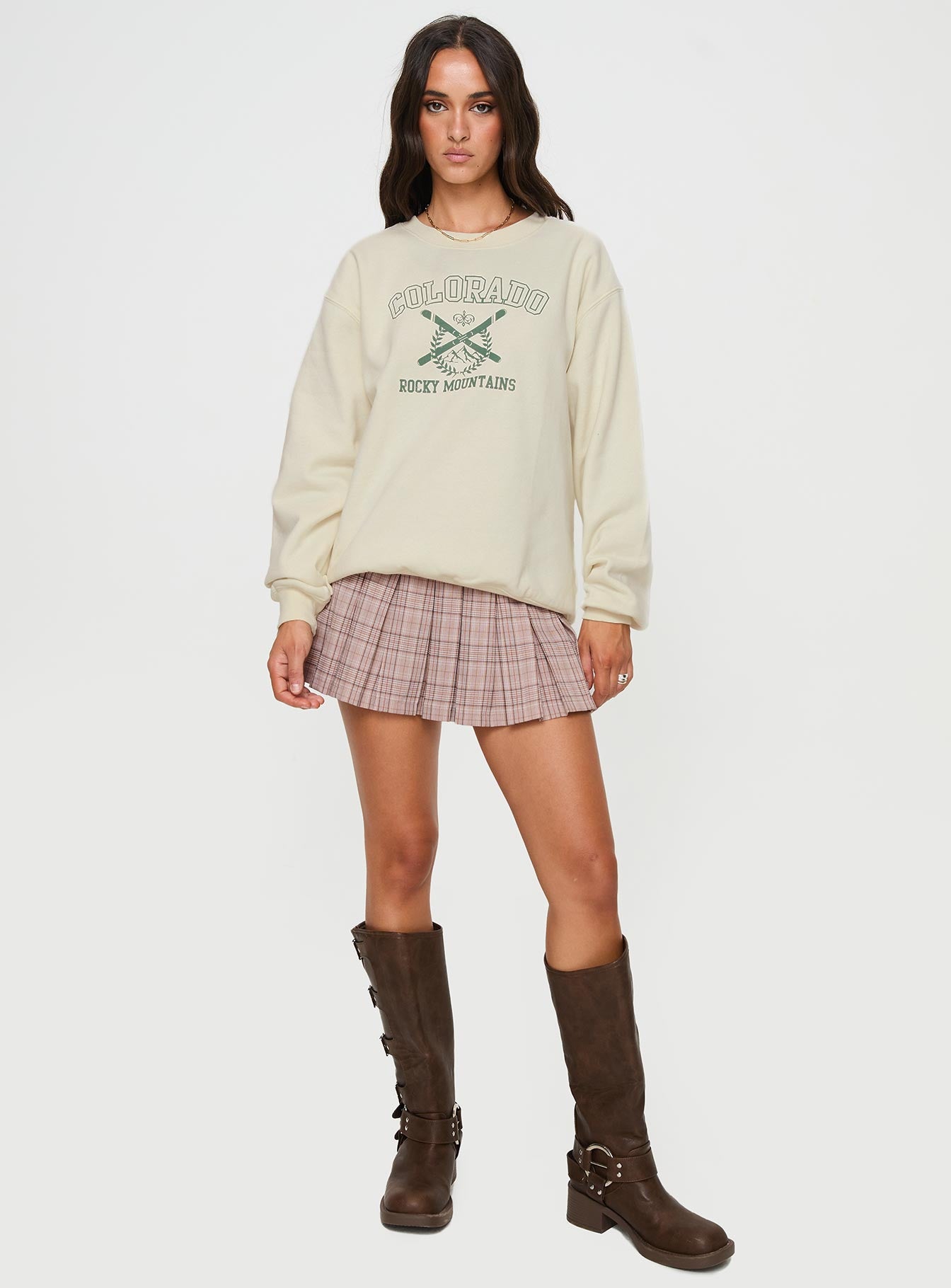 front view of model wearing Princess Polly Rocky Crew Neck Sweatshirt Cream regular 
