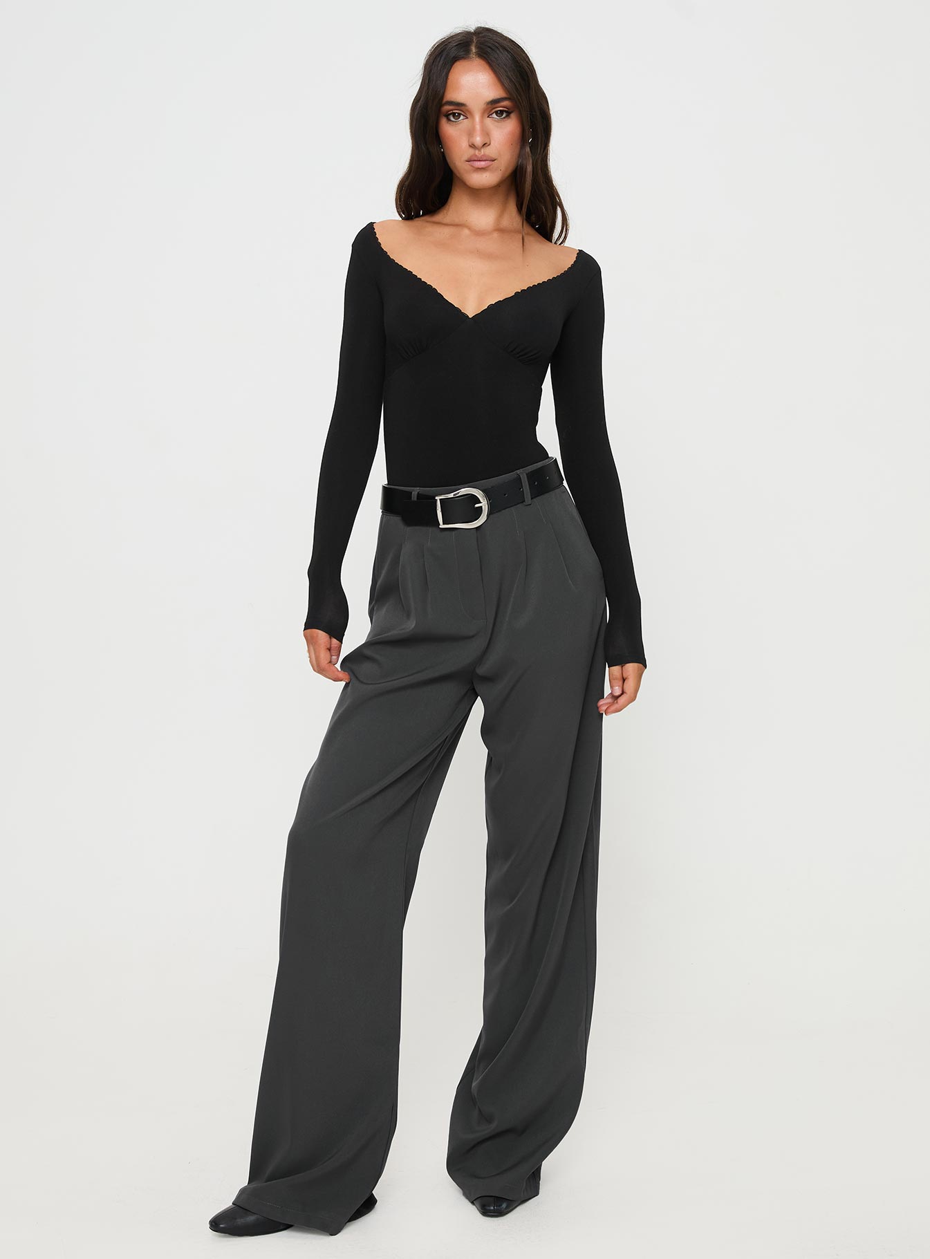 front view of model wearing Princess Polly Loveydove Bodysuit Black Tall Full Sleeves Plunger 