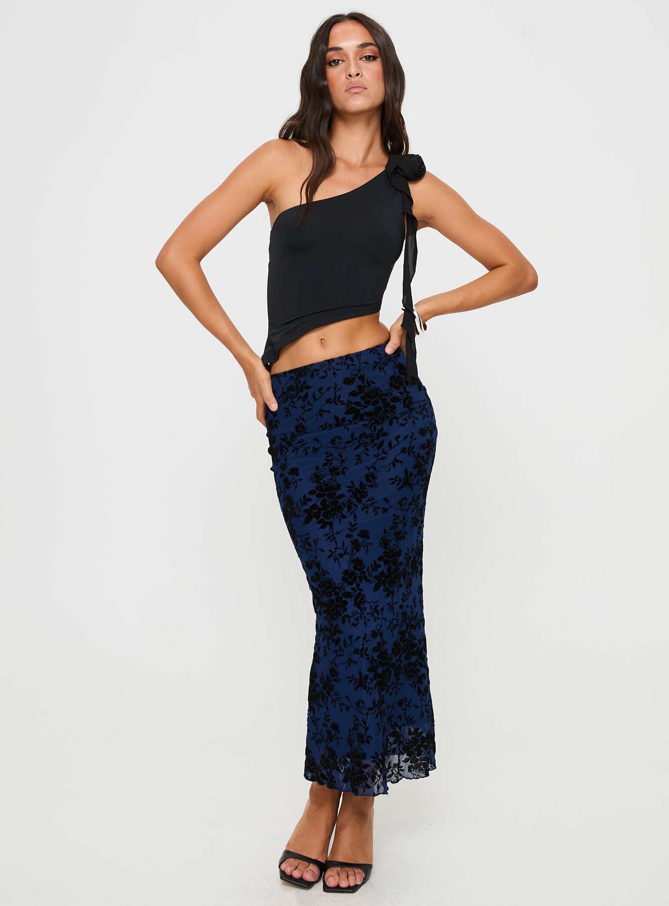   front view of model wearing Princess Polly Catrina Maxi Skirt Navy Midi Skirts 