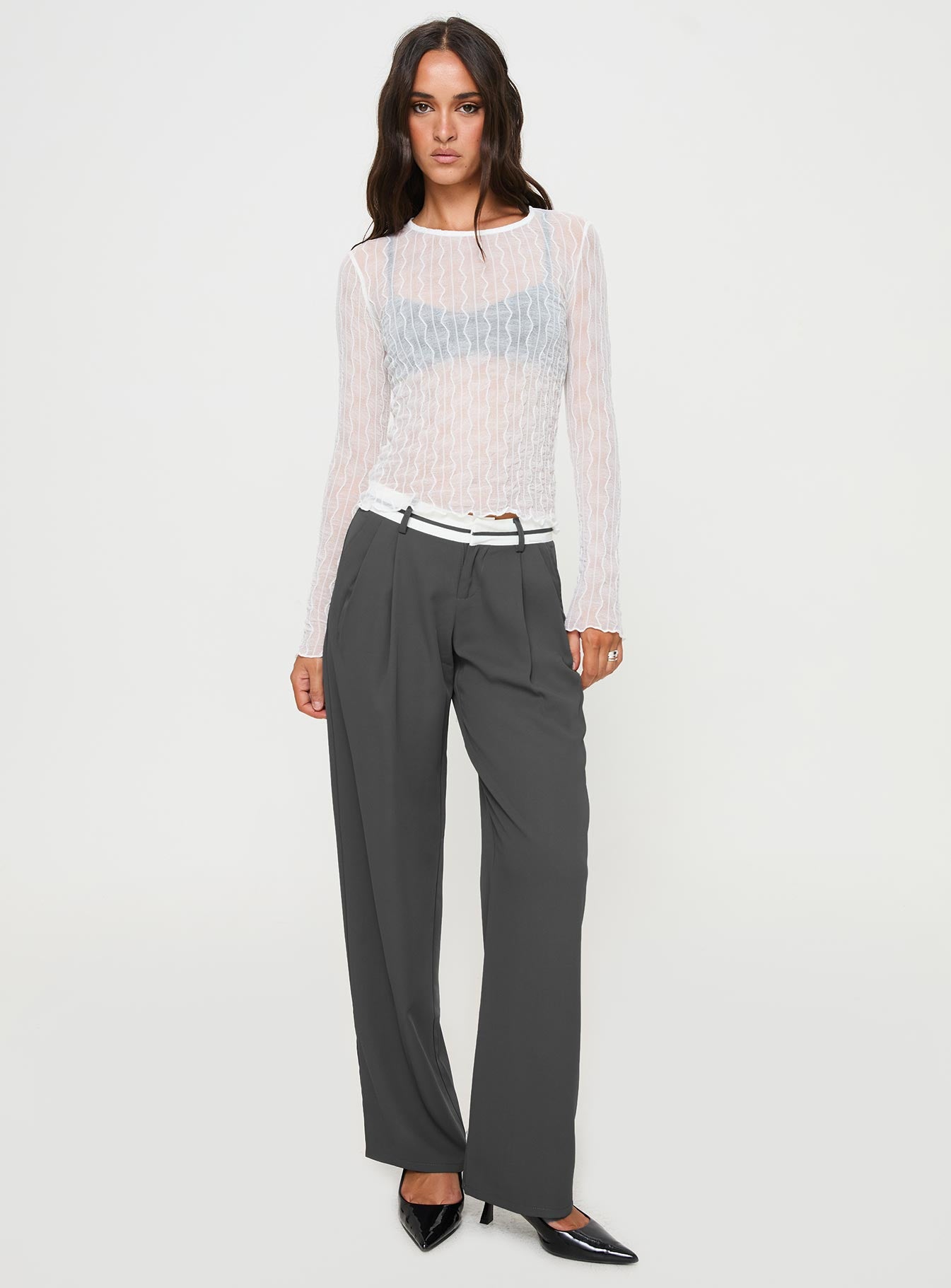 front view of model wearing Princess Polly Tennent Low Waist Pants Slate Mid Rise 