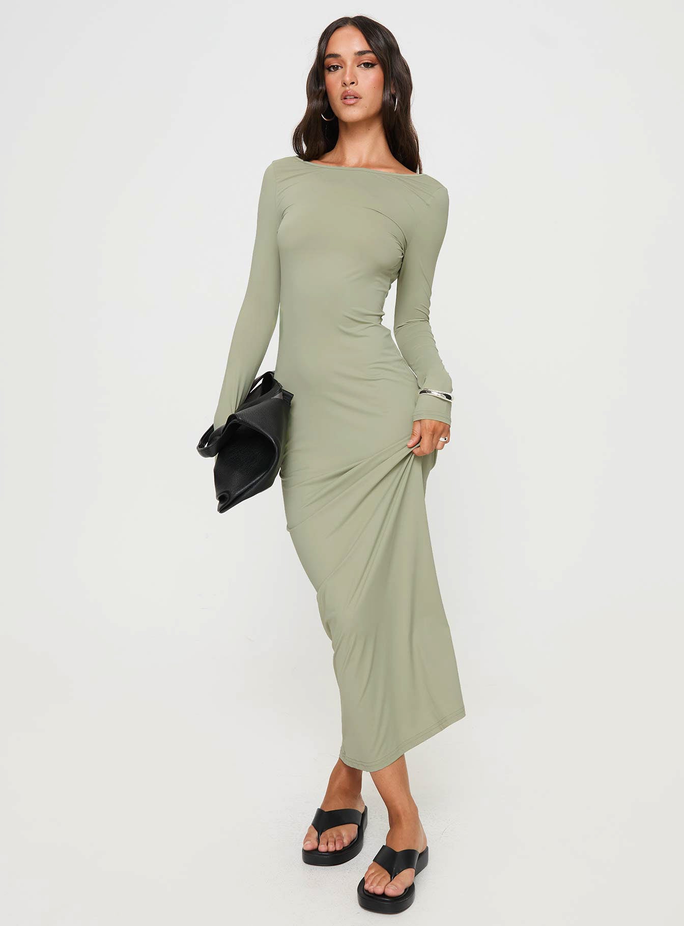 front view of model wearing Princess Polly Rain Fire Long Sleeve Maxi Dress Sage Boat Neck 