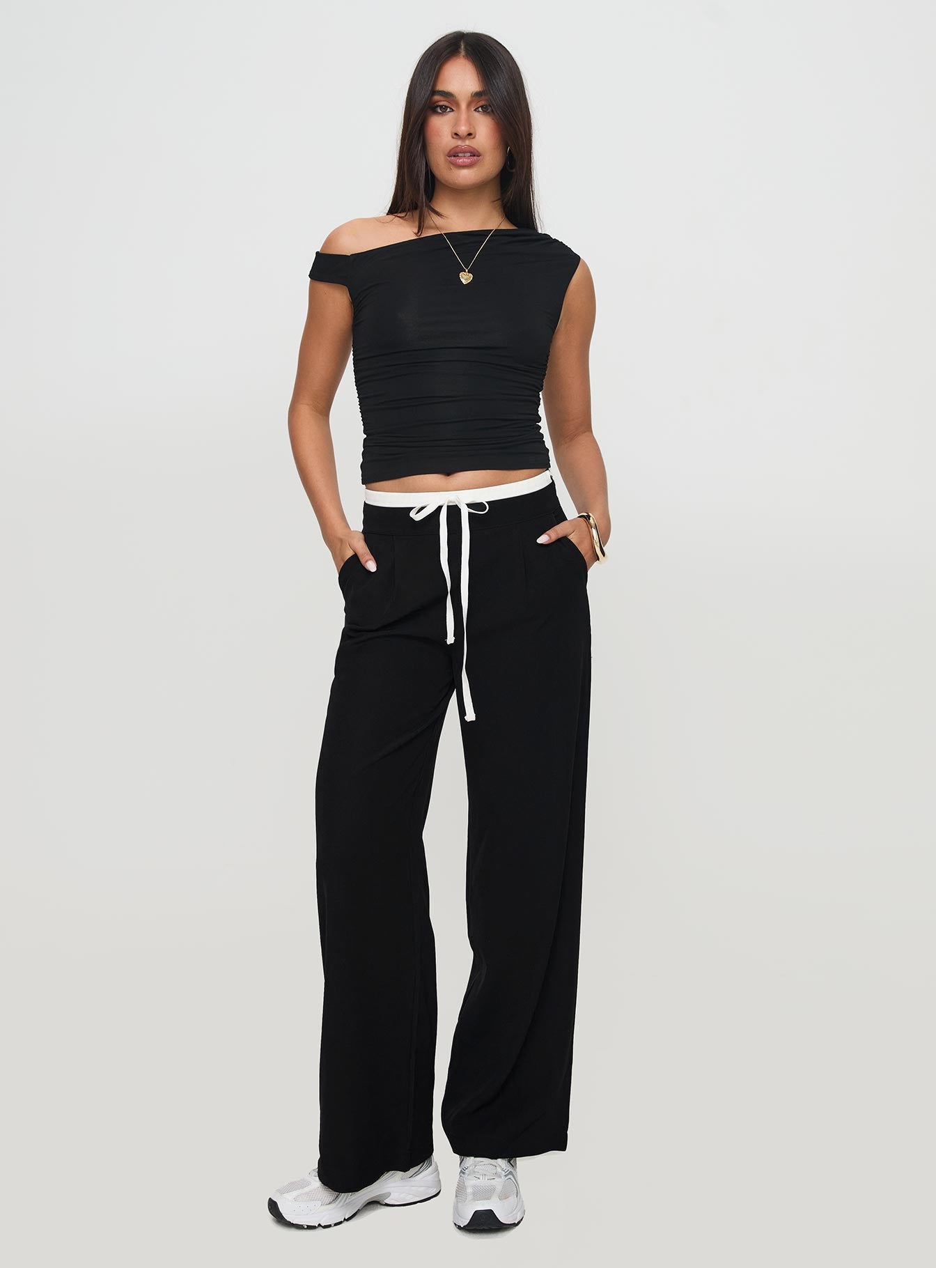 front view of model wearing Princess Polly Burna Pants Black High Waisted Pants 